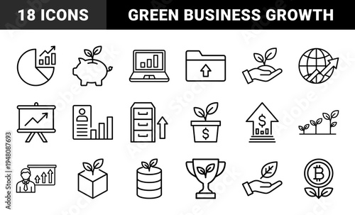 Sustainable business line icon set. Vector pictograms of laptop, piggy bank, plant growth, chart, globe, briefcase, and trophy, thin outline illustration.