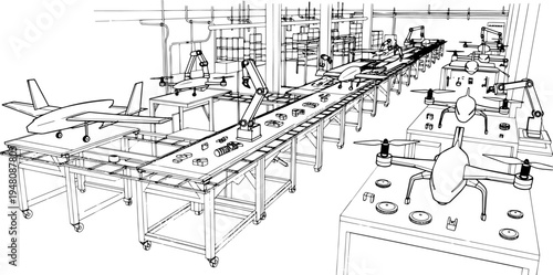 Military Drone Manufacturing Factory Assembly Line Vector Illustration, UAV Production Plant, Defense Industry Facility, Autonomous Combat Drone Manufacturing, Aerospace Engineering Industrial Plant