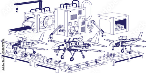 Military Drone Manufacturing Factory Assembly Line Vector Illustration, UAV Production Plant, Defense Industry Facility, Autonomous Combat Drone Manufacturing, Aerospace Engineering Industrial Plant
