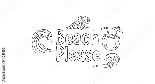 Vector beach illustration with 'Beach Please' text and wave icons