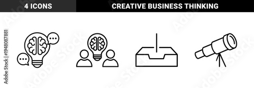 Business innovation and strategy line icon set. Vector pictograms of brain lightbulb, brainstorming team, inbox file, and telescope, thin outline illustration.