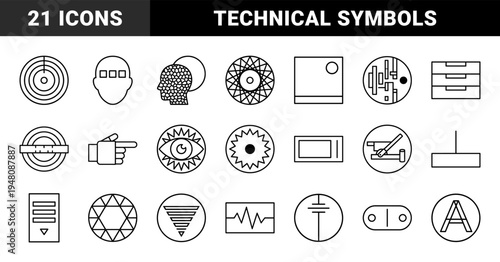 Abstract technology and geometric line icon set. Vector pictograms of circular circuits, human profiles, radial sensors, and measurement tools, thin outline illustration.