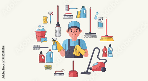 Janitor surrounded by cleaning supplies and equipment.