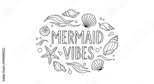 Mermaid vibes doodle illustration with seashells and starfish