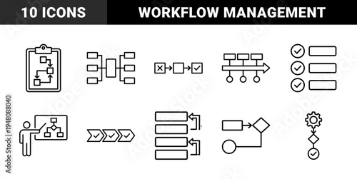 Business process management line icon set. Vector pictograms of flowcharts, checklists, project timelines, workflow automation, and strategic planning, thin outline illustration.