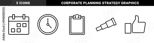 Business and productivity line icon set. Vector pictograms of clipboard, clock, calendar, thumbs up, and telescope, thin outline illustration.