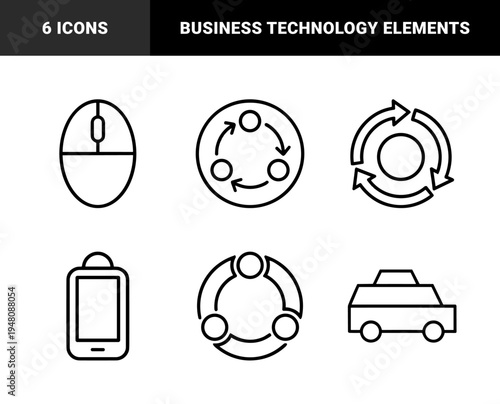 Technology and business icon set. Vector pictograms of recycling arrows, computer mouse, car, mobile phone, and stone obelisk monument, thin outline illustration.