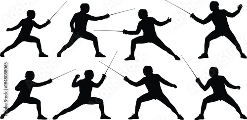 Fencing silhouettes set, athletes in action poses, sword fight stances, attack and defense positions, sports competition artwork, flat vector illustration, cad drawing style