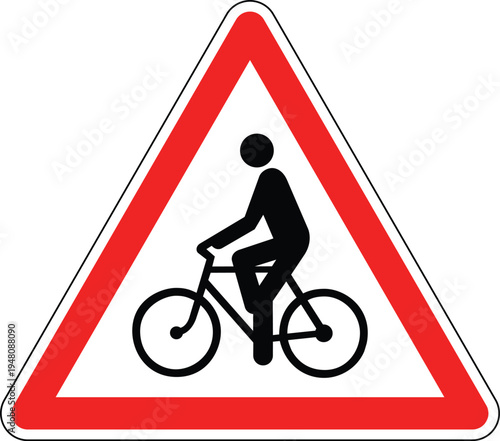 Cyclist Warning Road Sign, European Red Triangle Traffic Symbol for Bike Path or Crossing, Editable Vector