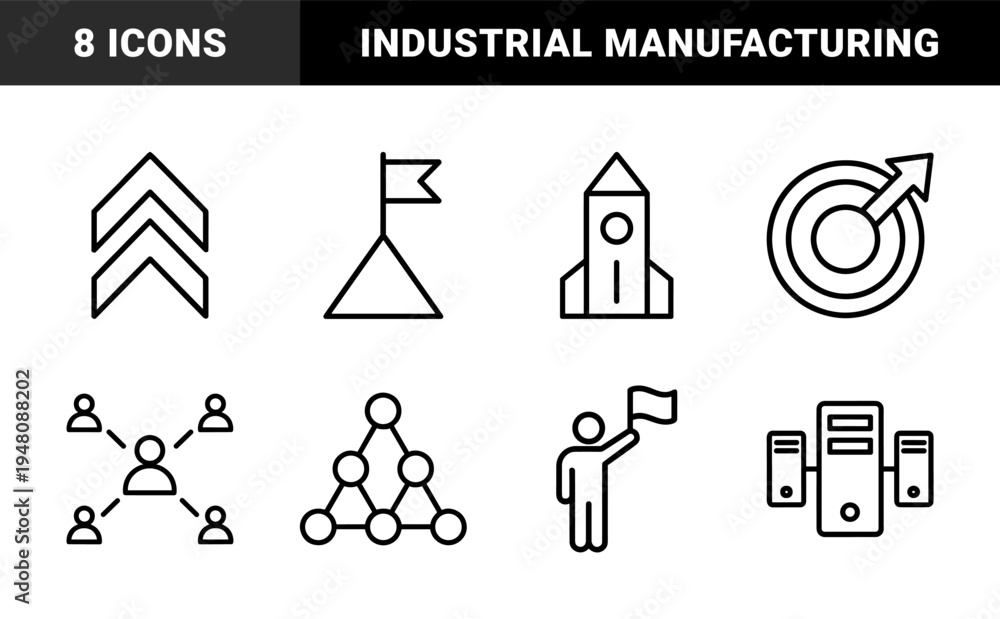 Fototapeta premium Industrial factory and manufacturing icon set. Vector glyph pictograms of plant, warehouse, gears, crane, forklift, and oil rig, black silhouette illustration.