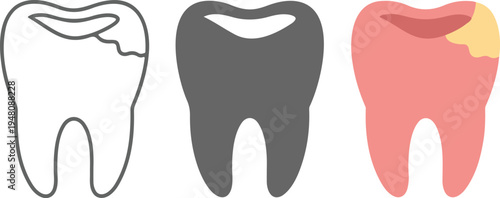 Minimalist dental tooth icon set showing line art, gray and coral variations with cavity spot on white background