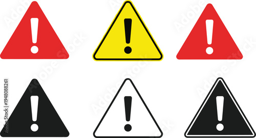 Warning signs set, triangular exclamation mark icons, caution alert danger symbols, safety hazard artwork, flat vector illustration, cad drawing style design