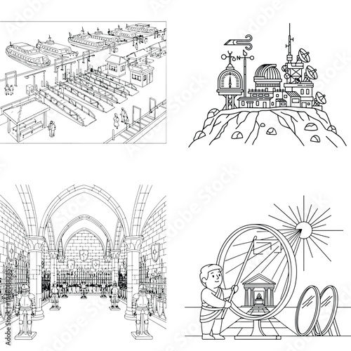 Architectural & scientific line art collection: cityscape, observatory, cathedral, optical illusion