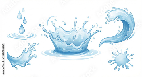 Illustrative set of dynamic water splashes and drops, showcasing various liquid movements, ripples, and refreshing fluid elements in motion