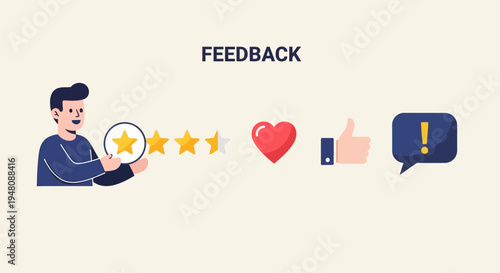 Man giving feedback with rating icons.