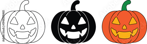 Halloween jack o lantern pumpkin set with line art black and orange carved faces arranged horizontally