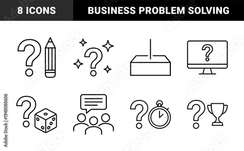 Problem solving and gamification line icon set. Vector pictograms of questions, stars, pencil, box, computer, group, dice, trophy, airplane, and timer, thin outline illustration.