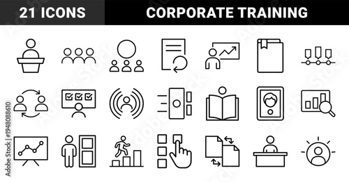 Business and education line icon set. Vector pictograms of presentation, chart, meeting, timeline, book, career growth, and data analysis, thin outline illustration.