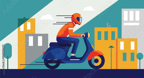 Man Riding Scooter in City Street.