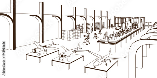 Military Drone Manufacturing Factory Assembly Line Vector Illustration, UAV Production Plant, Defense Industry Facility, Autonomous Combat Drone Manufacturing, Aerospace Engineering Industrial Plant