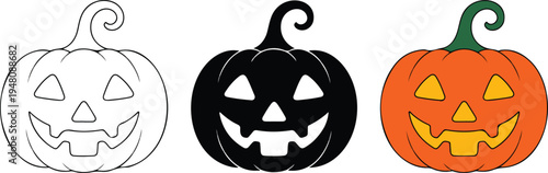 Halloween jack o lantern pumpkin set with line art black and orange carved faces arranged horizontally
