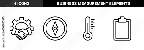 Business and industry management icon set. Vector pictograms of gear handshake, compass, clipboard, and thermometer, black outline illustration.