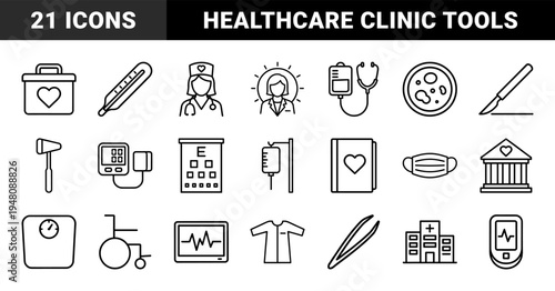 Medical line icon set. Vector pictograms of stethoscope, scalpel, thermometer, wheelchair, hospital building, bandage, and first aid kit, thin outline illustration.