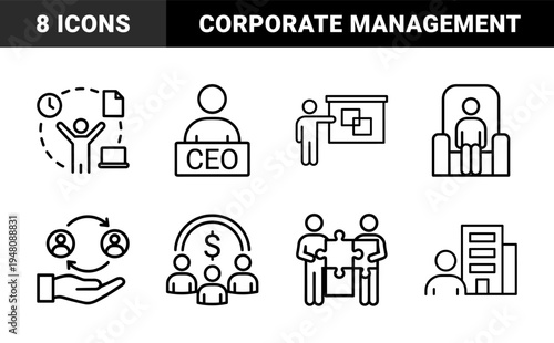 Business and corporate management icon set. Vector pictograms of ceo, teamwork, leadership, office building, and recruitment, black thin outline illustration.