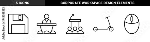 Business and technology line icon set. Vector pictograms of a conference speaker, office desk, floppy disk, scooter, and computer mouse, thin outline illustration.