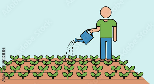 Man Watering Plants in Garden Bed.