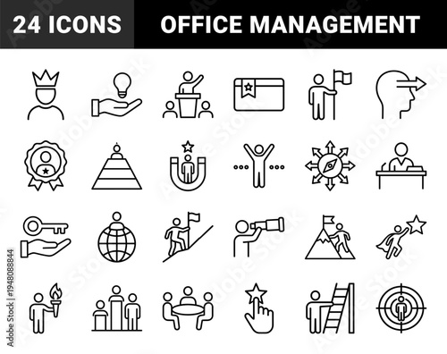 Business and office management line icon set. Vector pictograms of document, chart, printer, briefcases, settings, and communication, thin outline illustration.
