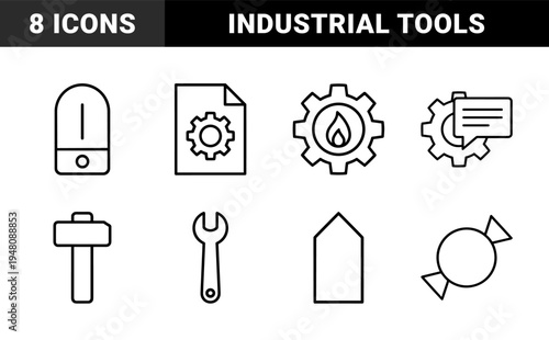 Industrial and manufacturing line icon set featuring vector pictograms of gears, wrenches, hammers, heaters, and technical documents in a thin outline illustration.
