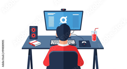 Man Working on Computer at Desk.