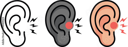 Human ear vector set showing earache symptoms and tinnitus with lightning bolts and pain icons on white.