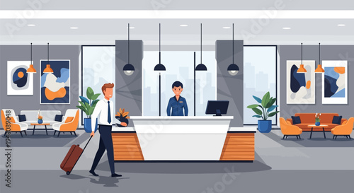 Man with Luggage Walking to Reception Desk.