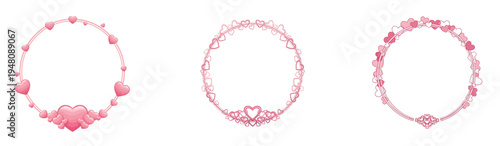 Collection of three pink heart shaped circle borders on white background.eps