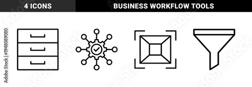 Business and data management icon set. Vector pictograms of filing drawers, process automation, focus framing, and data filter, thin outline illustration.