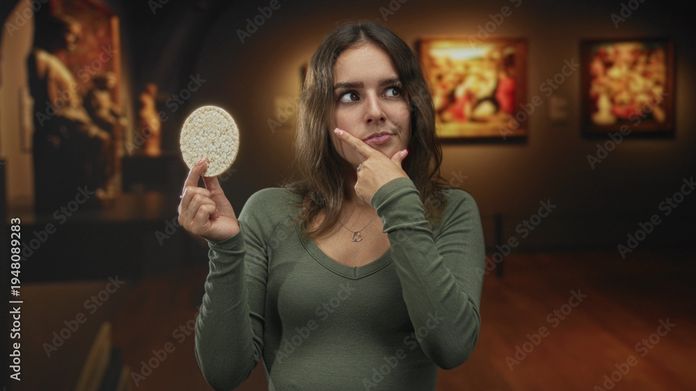 Fototapeta premium Woman holding rice cake near face with finger to chin, hand pinching edge of snack, framed paintings behind her in art gallery building; curiosity reflection.