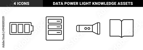 Miscellaneous outline icon set. Vector pictograms of computer server, battery, flashlight, and open book, thin line illustration.