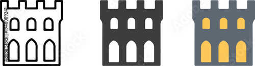 Castle tower vector icon set featuring minimalist outline solid silhouette and colored fortress design isolated on grey background.