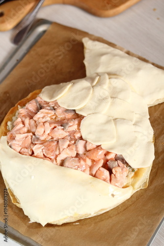 Arrange puff pastry rounds on top of filling. Making Salmon in Puff Pastry Series.
