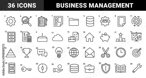 Business and management line icon set featuring vector pictograms of clipboard, gear, database, cloud, calculator, trophy, lightbulb, and rocket, thin outline illustration.