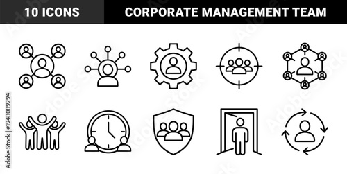 Human resources line icon set. Vector pictograms of networking, recruitment, teamwork, leadership, management, and protection, thin outline illustration.