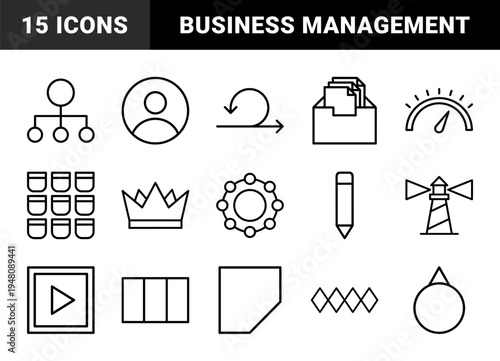Business and productivity line icon set. Vector pictograms of hierarchy, documents, user, agile, crown, speed, process, lighthouse, and creative tools, outline illustration.