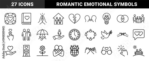 Relationship and love line icon set. Vector pictograms of broken heart, book, praying hands, lifebuoy, couple, umbrella, dove, and clock, thin outline illustration.