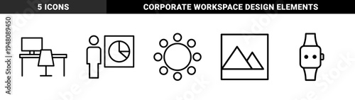 Business and lifestyle line icon set. Vector pictograms of meeting table, speaker, pie chart, office desk, smartwatch, and mountain landscape, thin outline illustration.