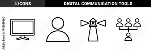 Business and communication icon set. Vector pictograms of monitor, user, organizational chart, and lighthouse, black line illustration.