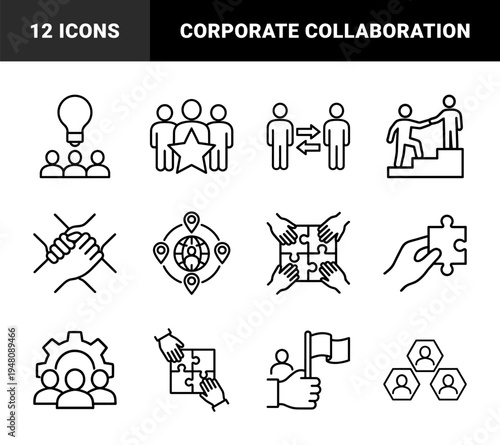 Business teamwork line icon set. Vector pictograms of puzzle pieces, shaking hands, lightbulb idea, strategy flag, global networking, and leadership, thin outline illustration.