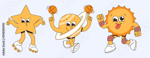 Cute Cartoon Space Characters Playing Basketball