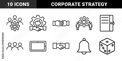 Business and finance icon set. Vector pictograms of handshake, piggy bank, gear, people, tablet, folder, bell, and dice, thin outline illustration.